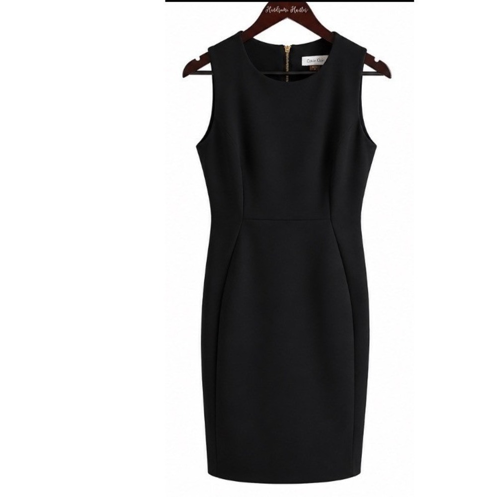 Calvin Klein Sheath Dress Womens Size‎ 8 Black EUC Gold Zip Sleeveless Scuba